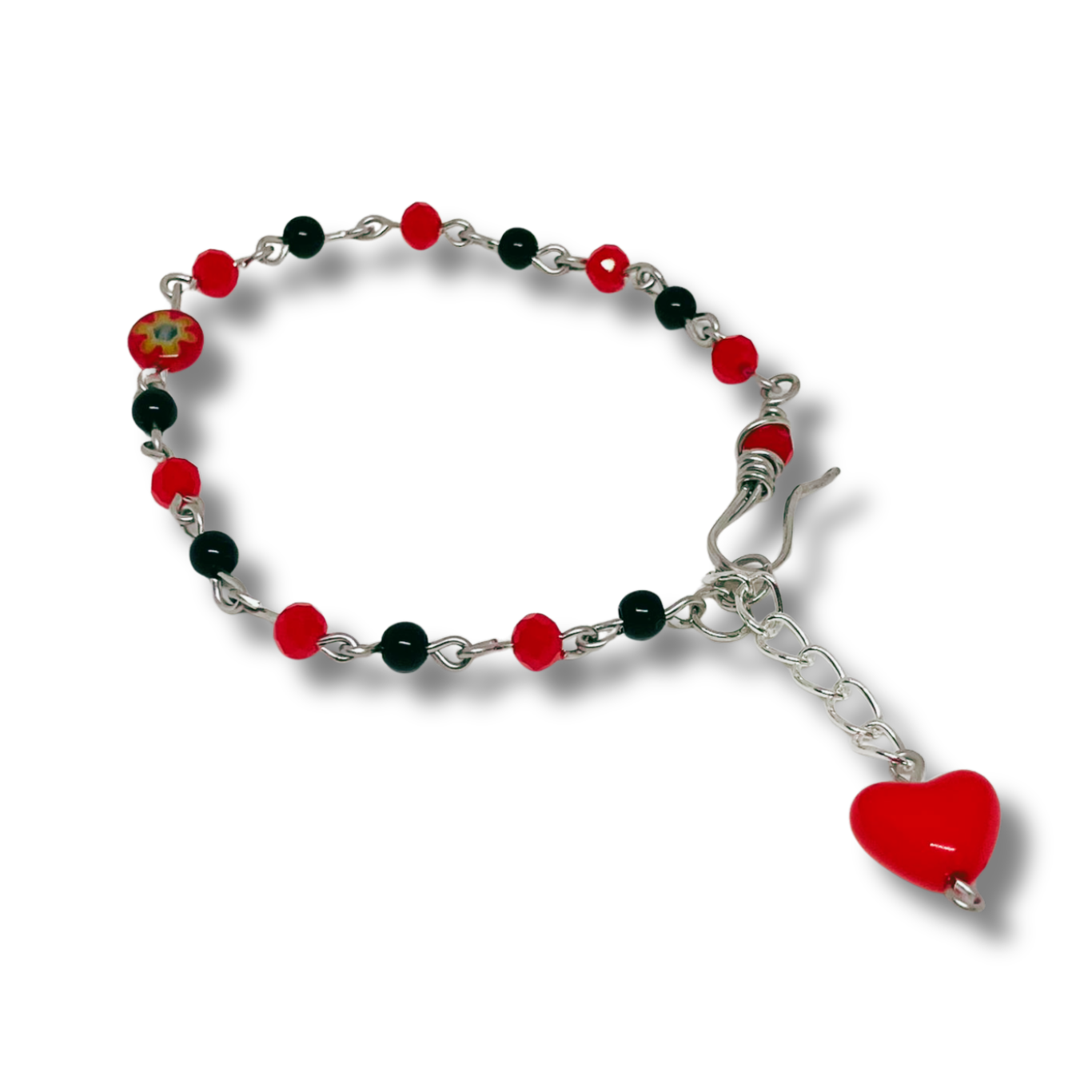 Bracelet with red, black beads and a heart charm.