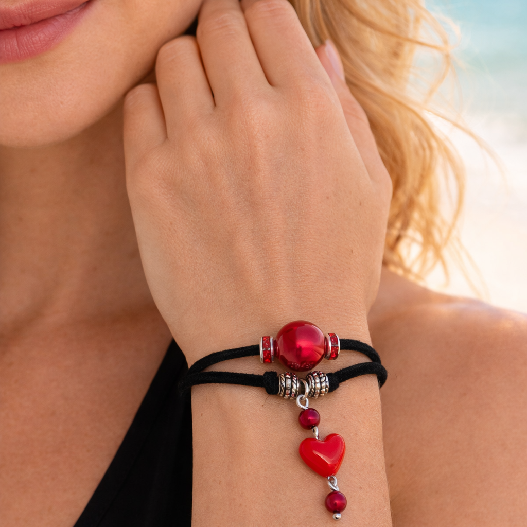 Black suede bracelet with red beads and heart