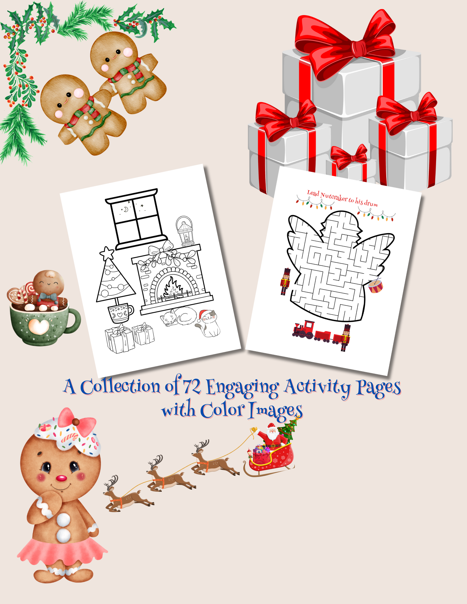 Christmas coloring and mazes book back cover.