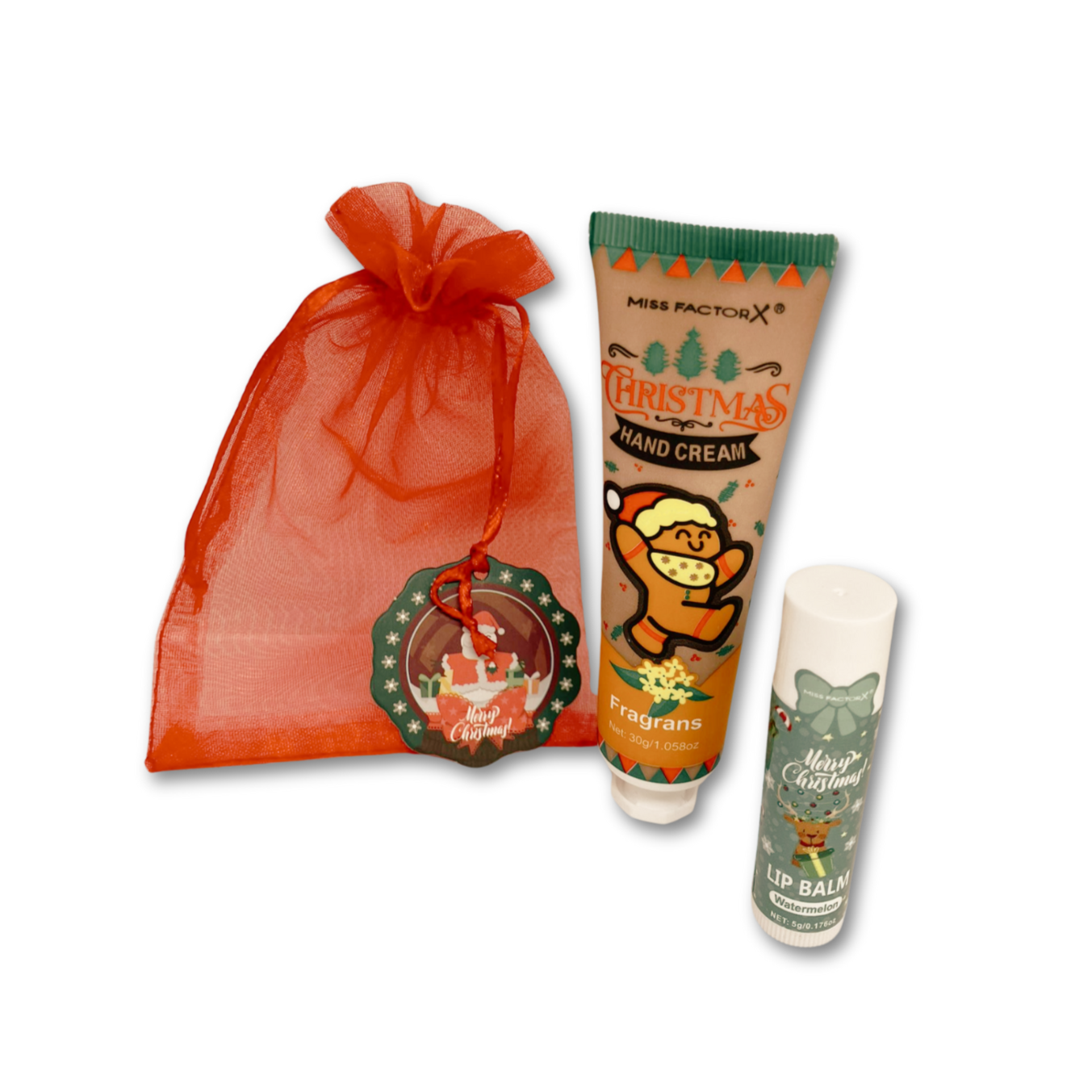 Fragrans hand cream and lip balm with a red Christmas organza gift bag.