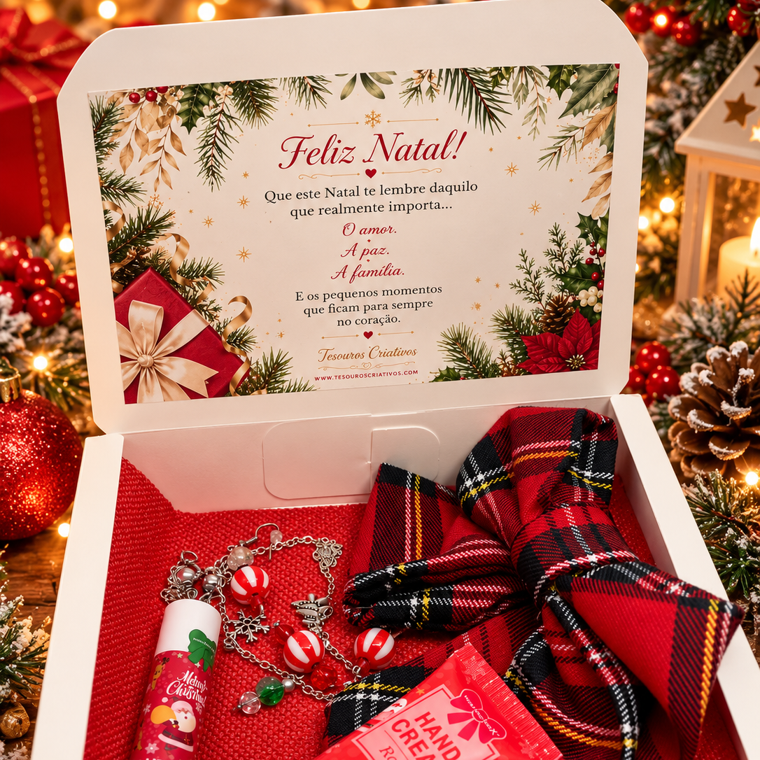 Christmas box with jewelry, hand cream, lip balm and tartan hair bow.