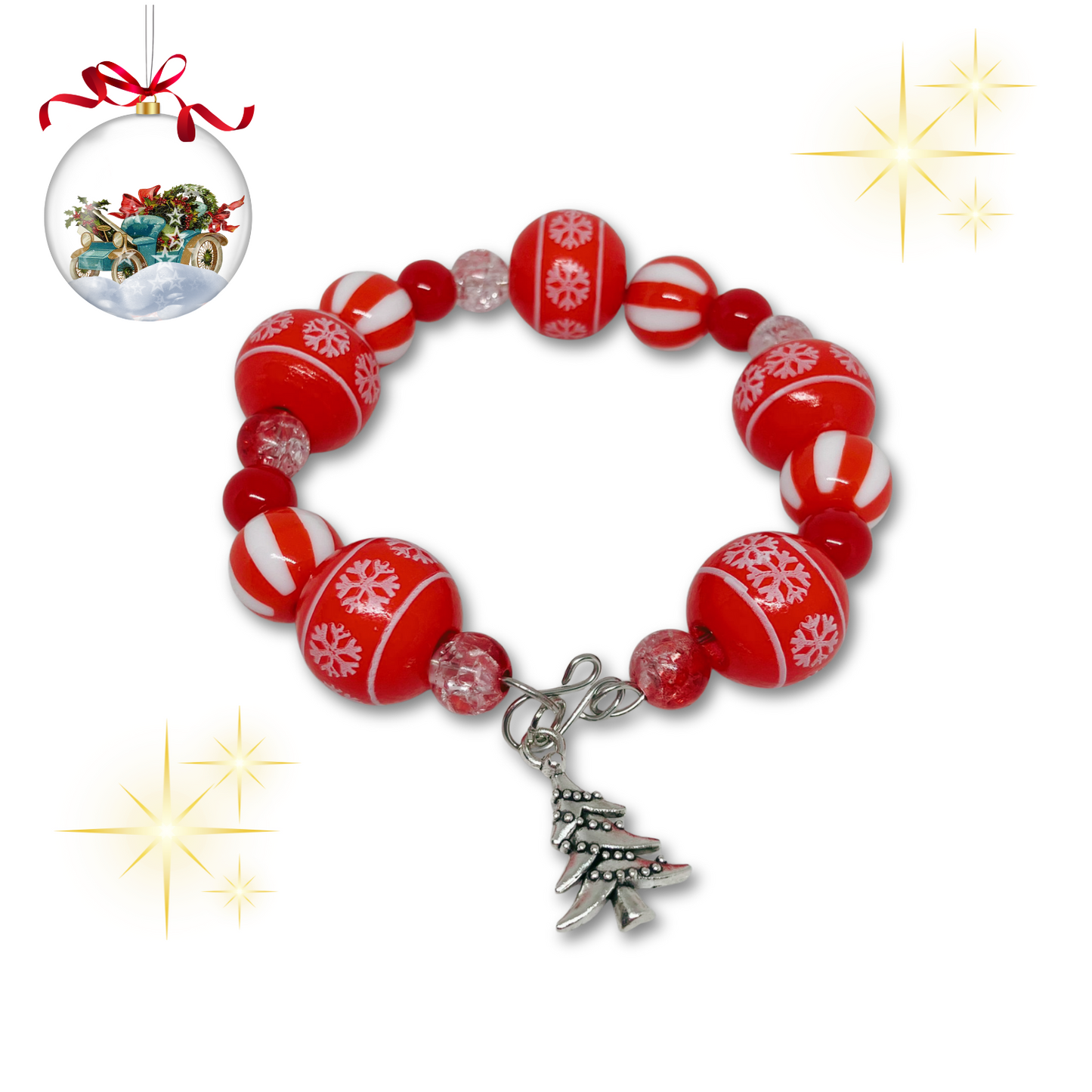 Red and white beaded bracelet with a silver Christmas tree charm.