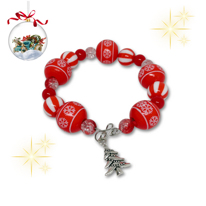 Red and white beaded bracelet with a silver Christmas tree charm.