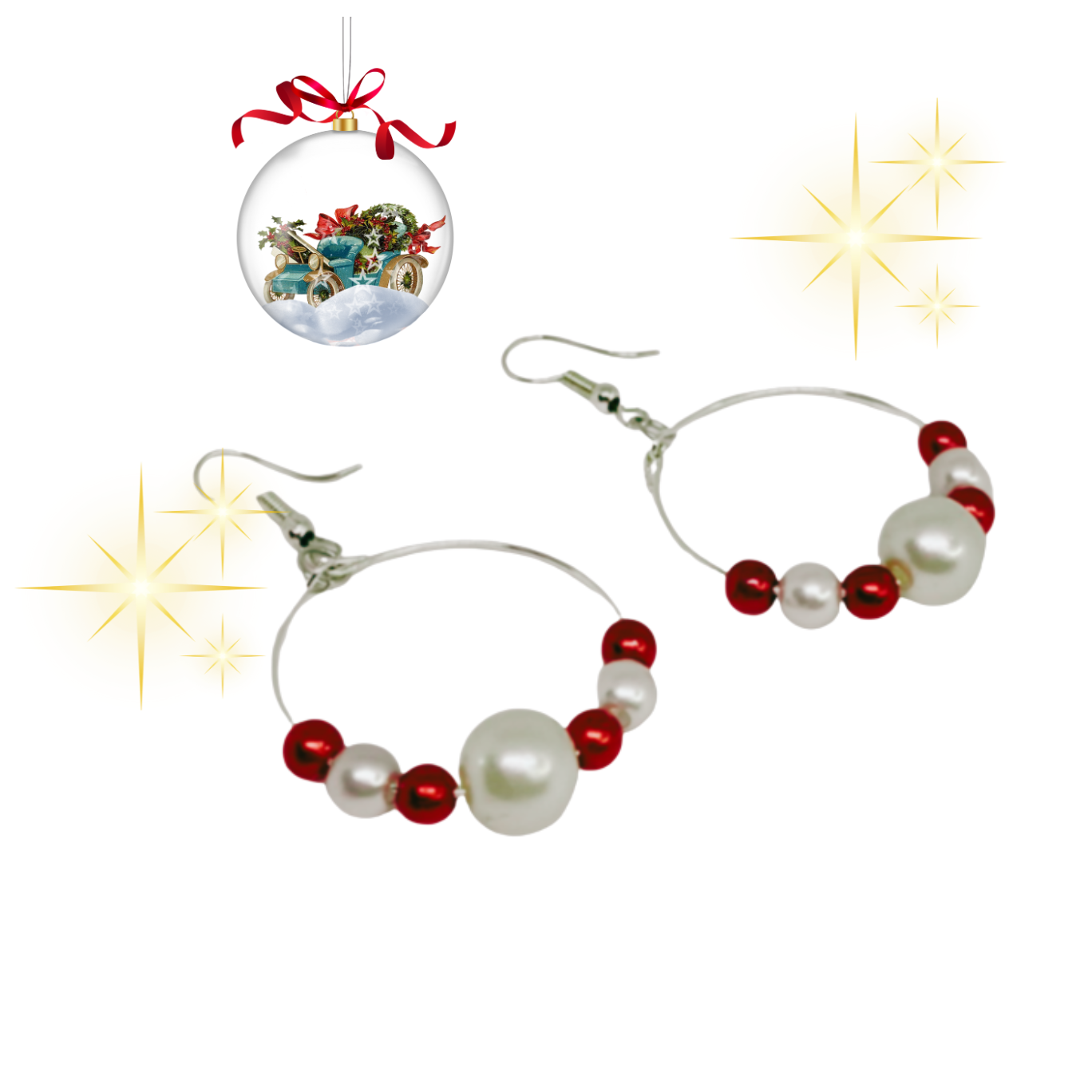 Hoop earrings with red and white beads.