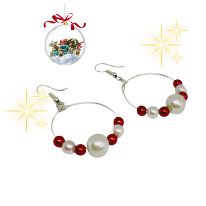 Hoop earrings with red and white beads.