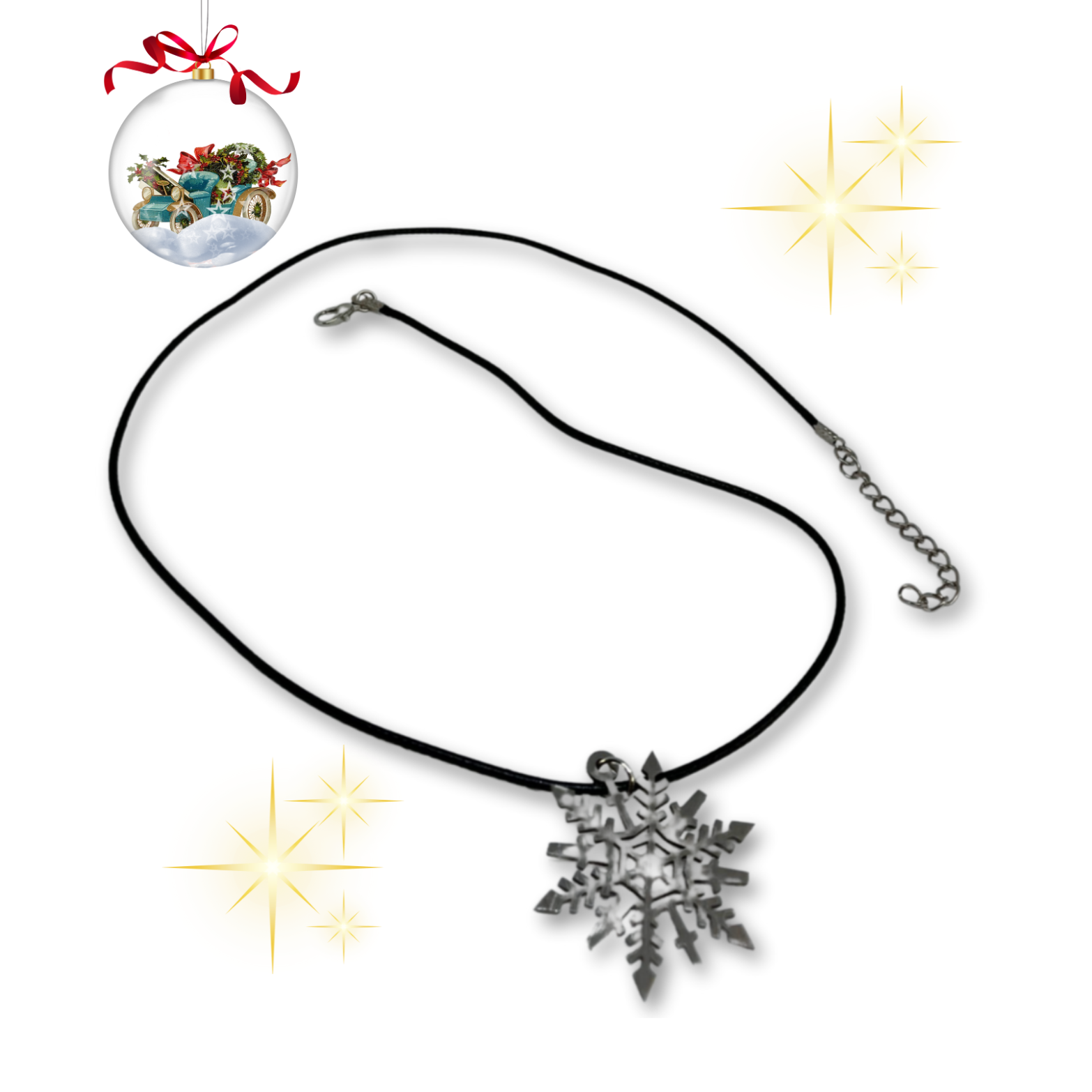 Necklace with snowflake pendant.
