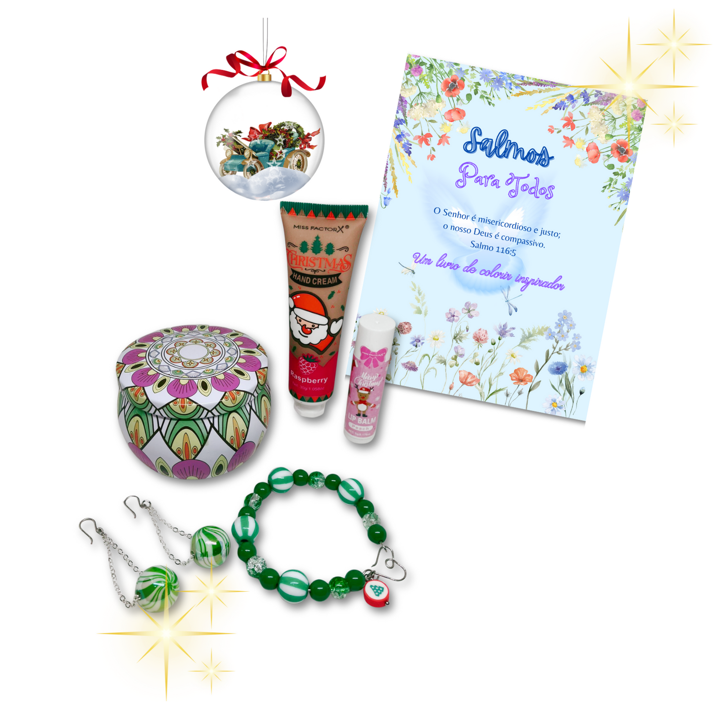 Christmas gift set including Psalms coloring book, earrings, bracelet, candle, hand cream and lip balm. 