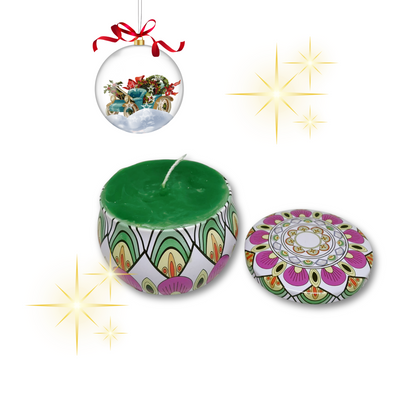 Green decorative candle in a tin.