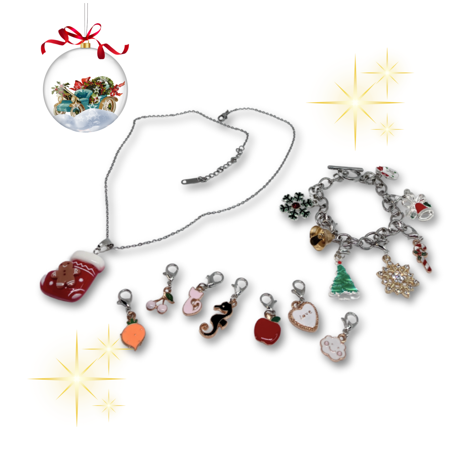 Charm bracelets with various charms and necklace.