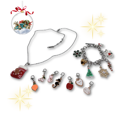 Charm bracelets with various charms and necklace.