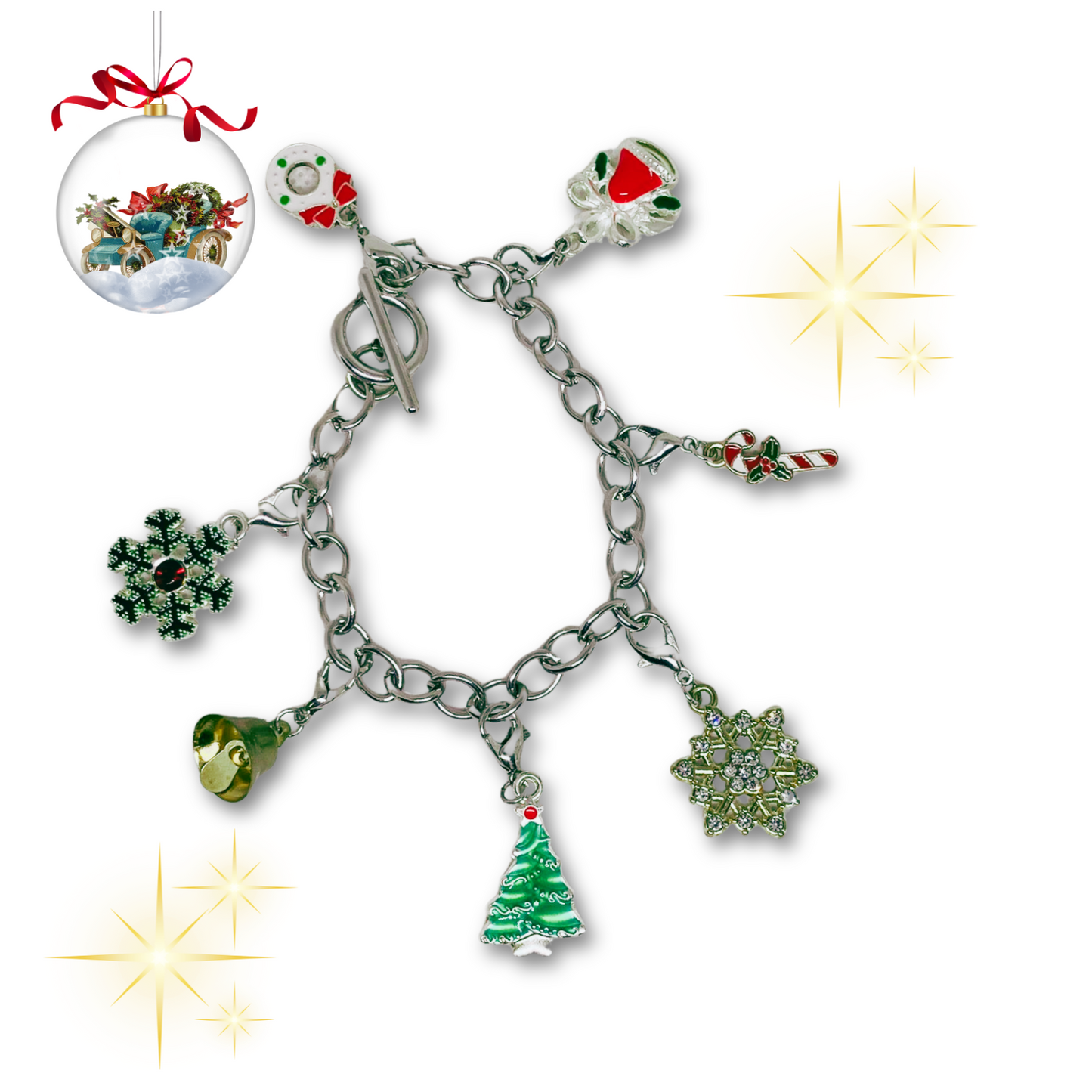 Christmas-themed charm bracelet with various charms.