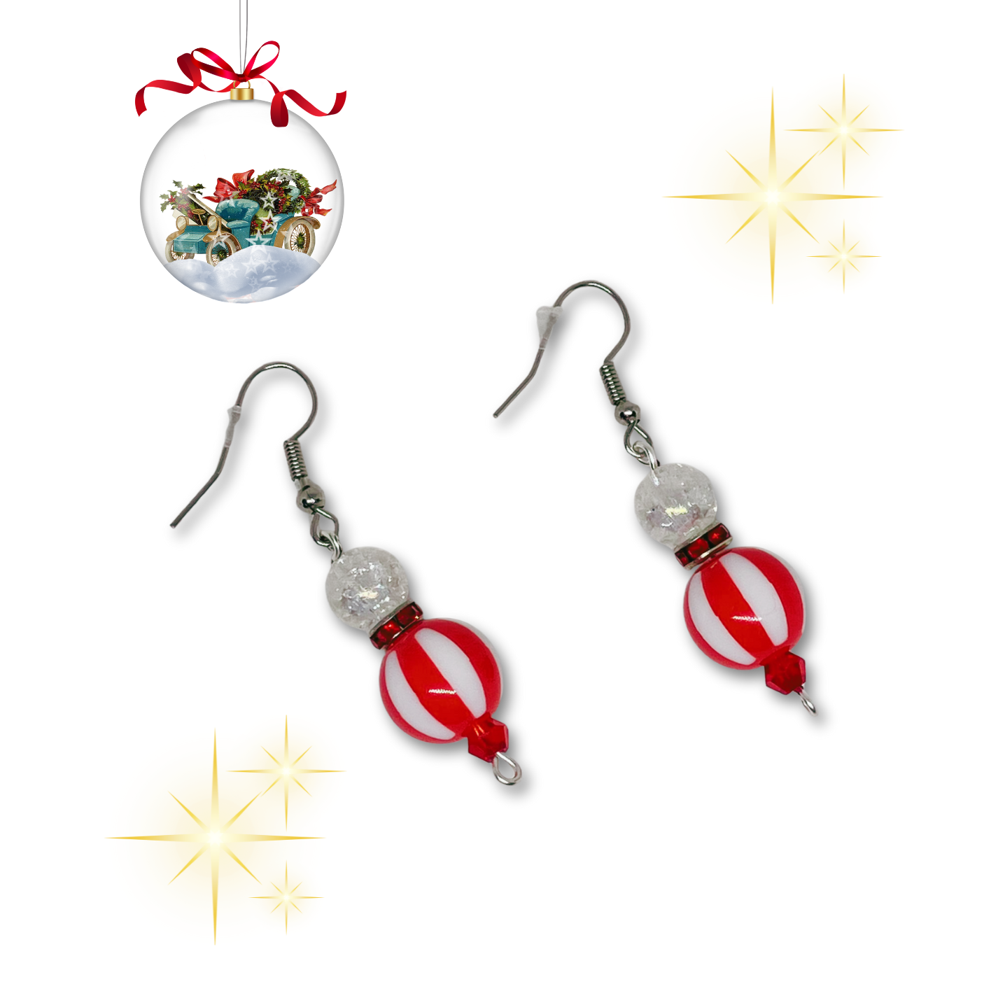 Red and white beaded earrings.