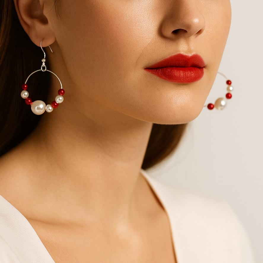 Pearl and red bead hoop earrings.