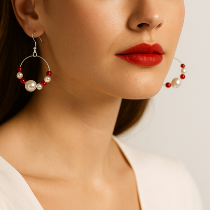 Pearl and red bead hoop earrings.
