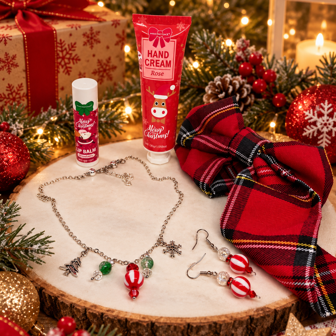 Christmas gift set includes, hand cream, lip balm, silver necklace with charms, matching earrings and bracelet and a tartan hair bow