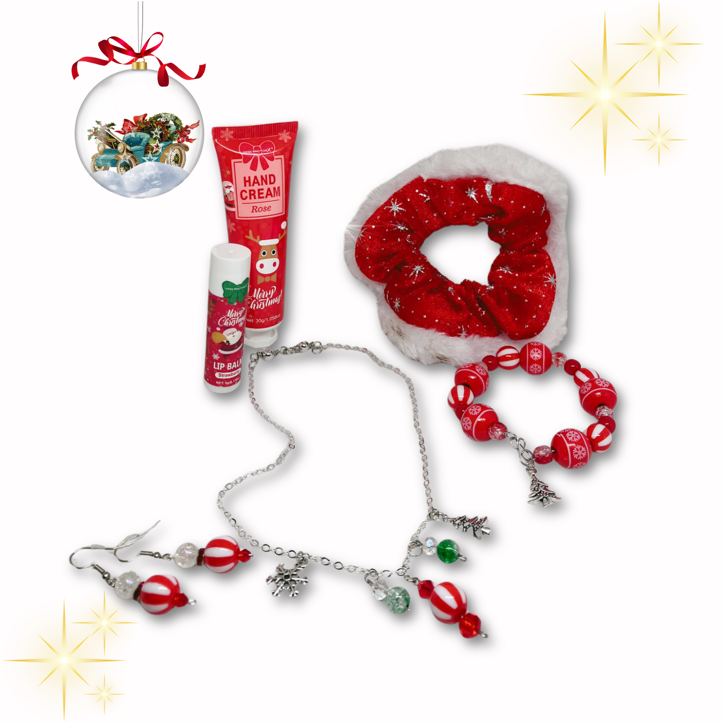 Christmas gift set includes, hand cream, lip balm, silver necklace with charms, matching earrings and bracelet, red velvet hair scrunchie. 
