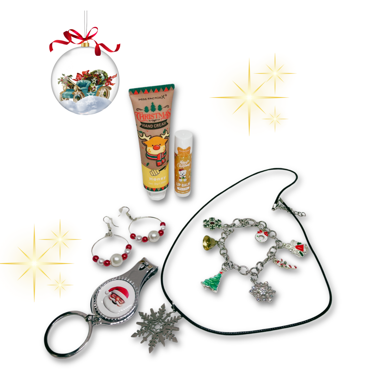 Collection of Christmas-themed items including honey hand cream, honey lip balm, loop earrings with white and red pearls, nail clipper/bottle opener, charm bracelet.