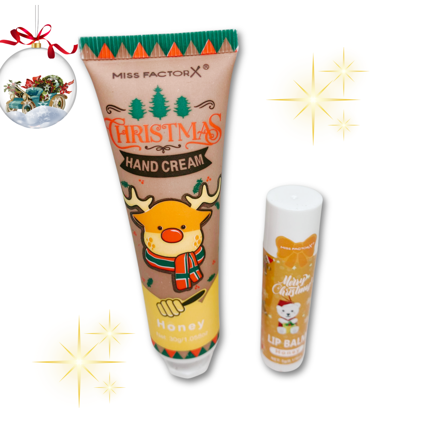 Christmas-themed hand cream and lip balm.