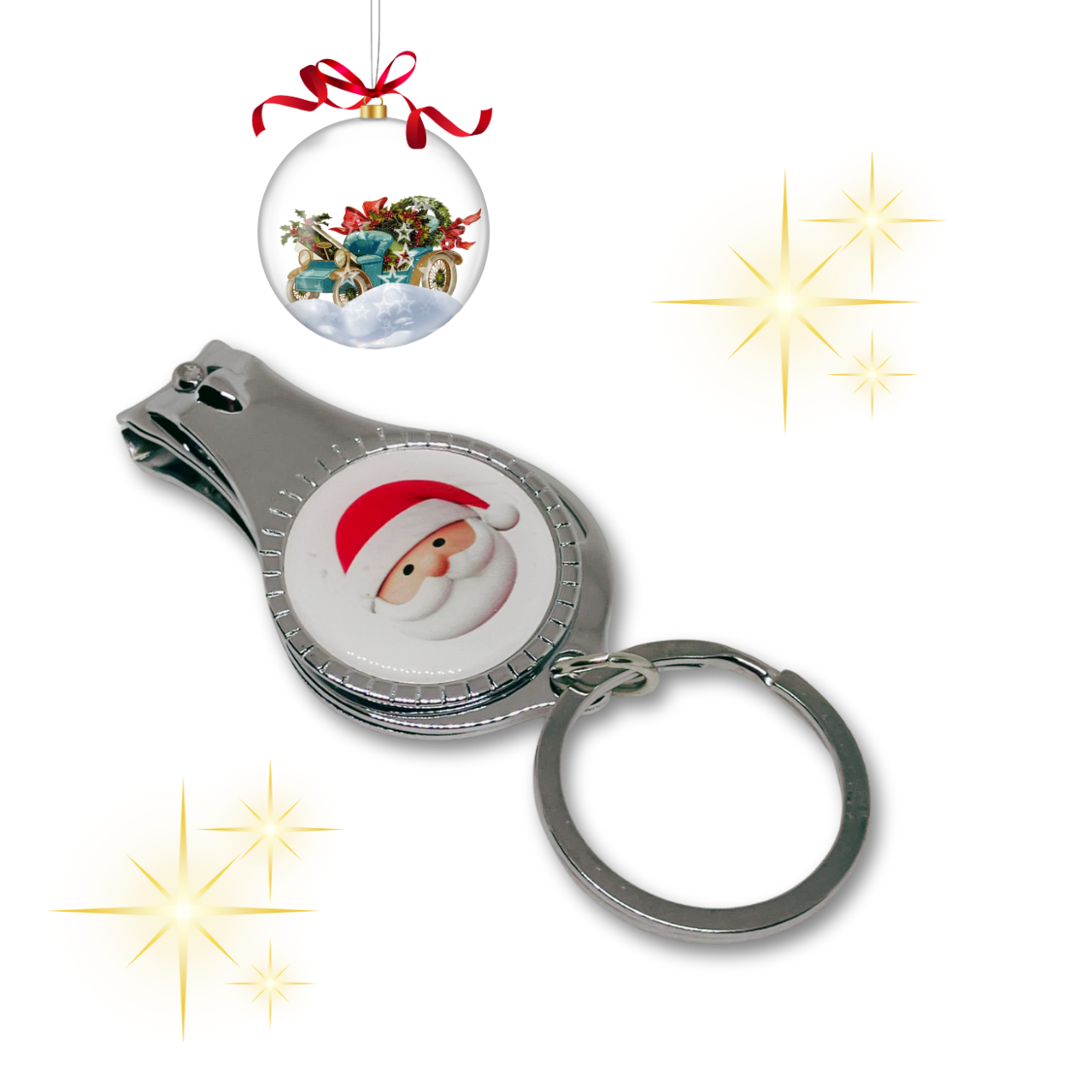 Keychain, bottle opener and nail clipper with Santa Claus design.