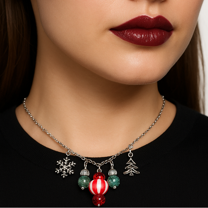 Silver necklace with Christmas-themed charms.