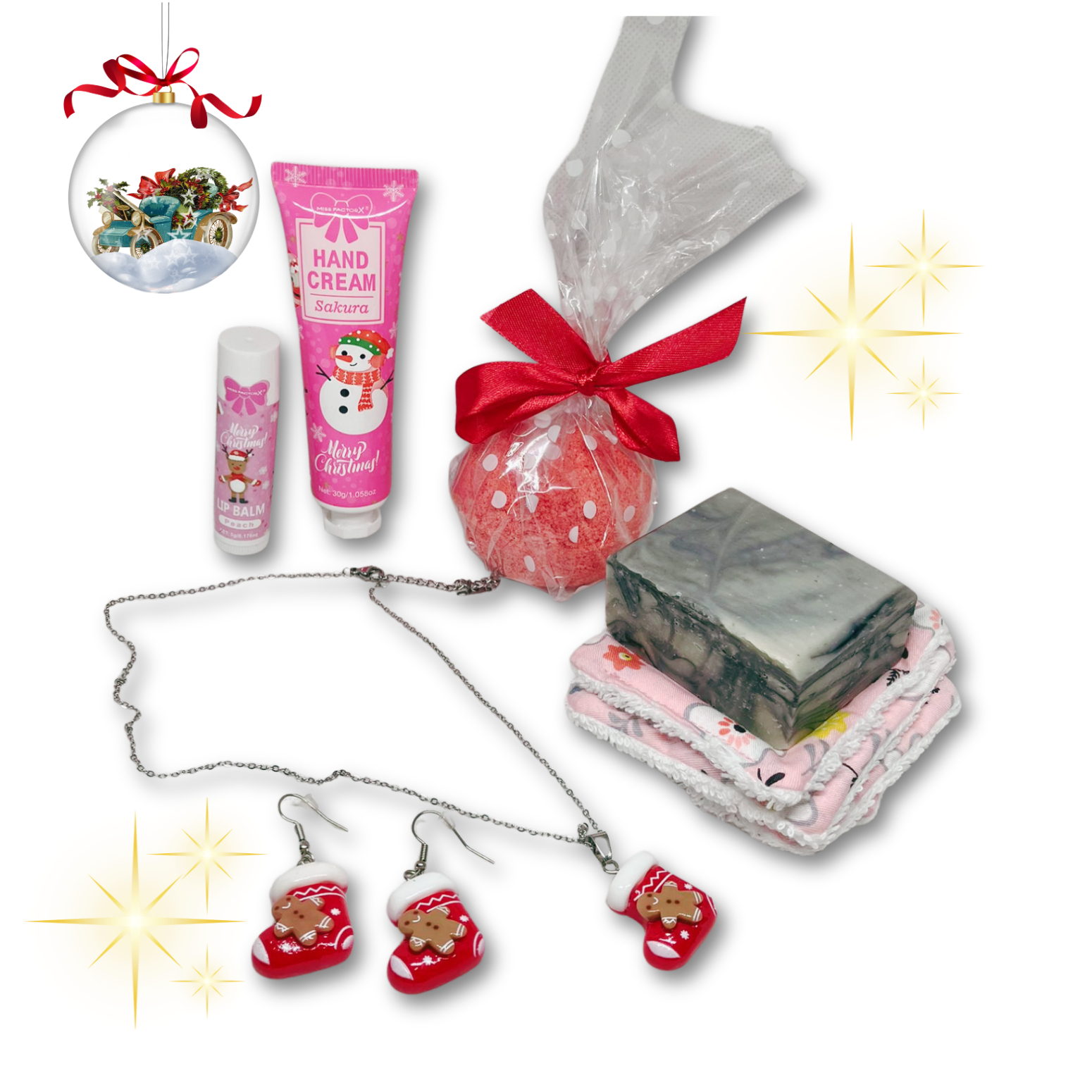 Christmas gift set, Sakura hand cream and lip balm, Jojoba and orange essential oil bath bomb, rose fragrance mini soap, reusable cleaning pads.