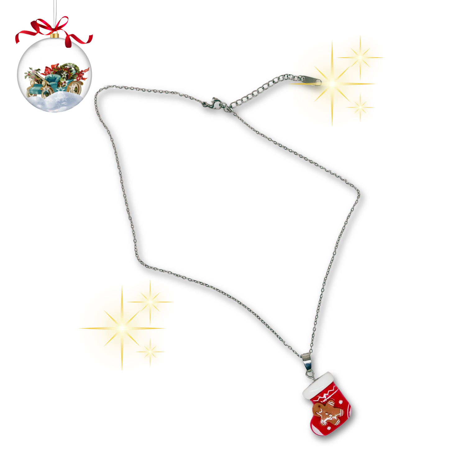 Silver necklace with gingerbread man pendant.