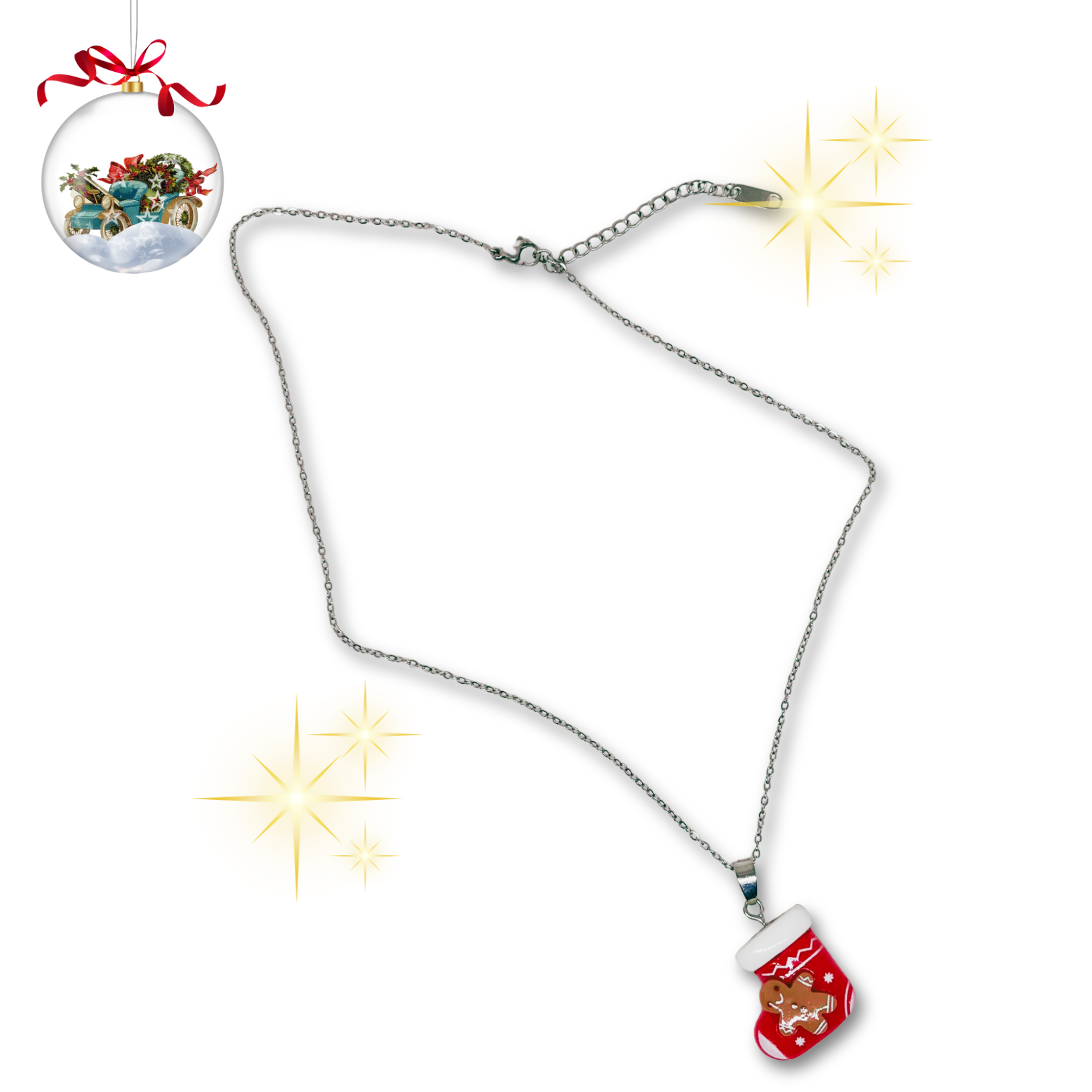 Silver necklace with gingerbread man pendant.