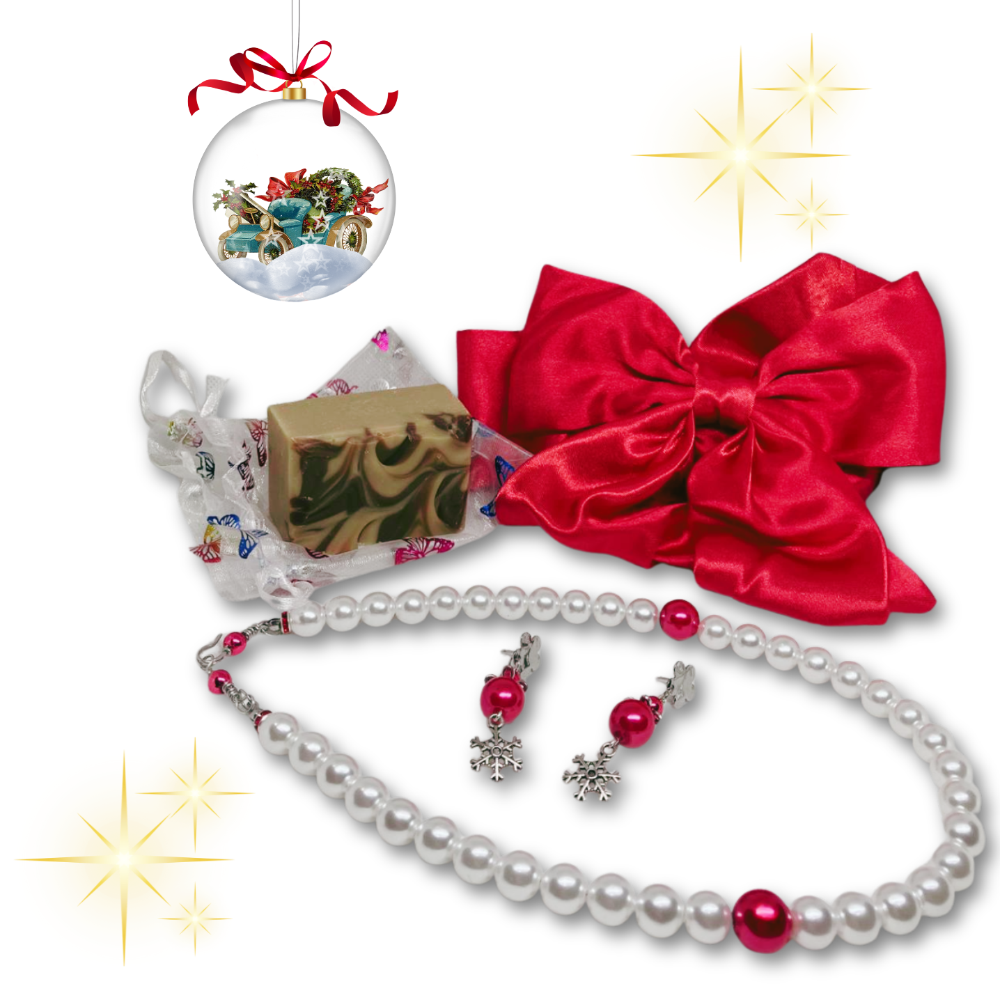 Christmas gift set, pearl necklace, matching earrings, red satin hair bow, mini soap.