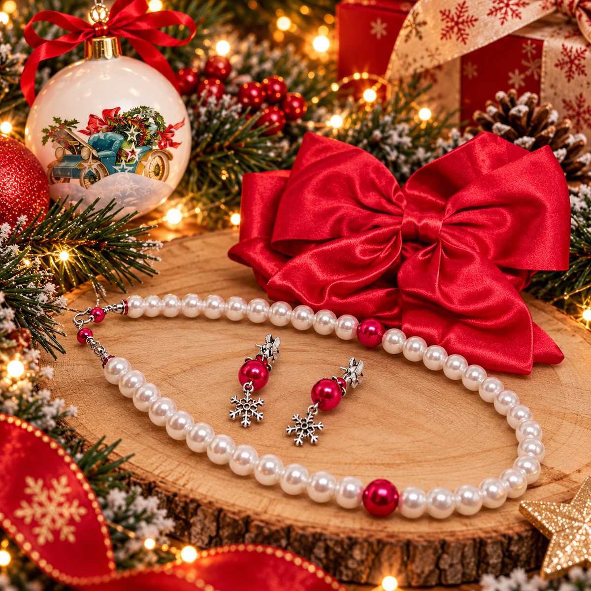 Christmas gift set, pearl necklace, matching earrings, red satin hair bow.