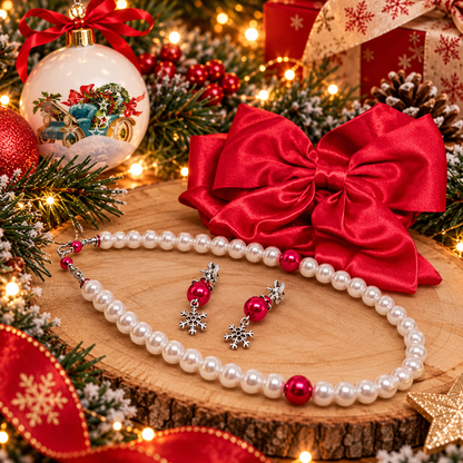Christmas gift set, pearl necklace, matching earrings, red satin hair bow.