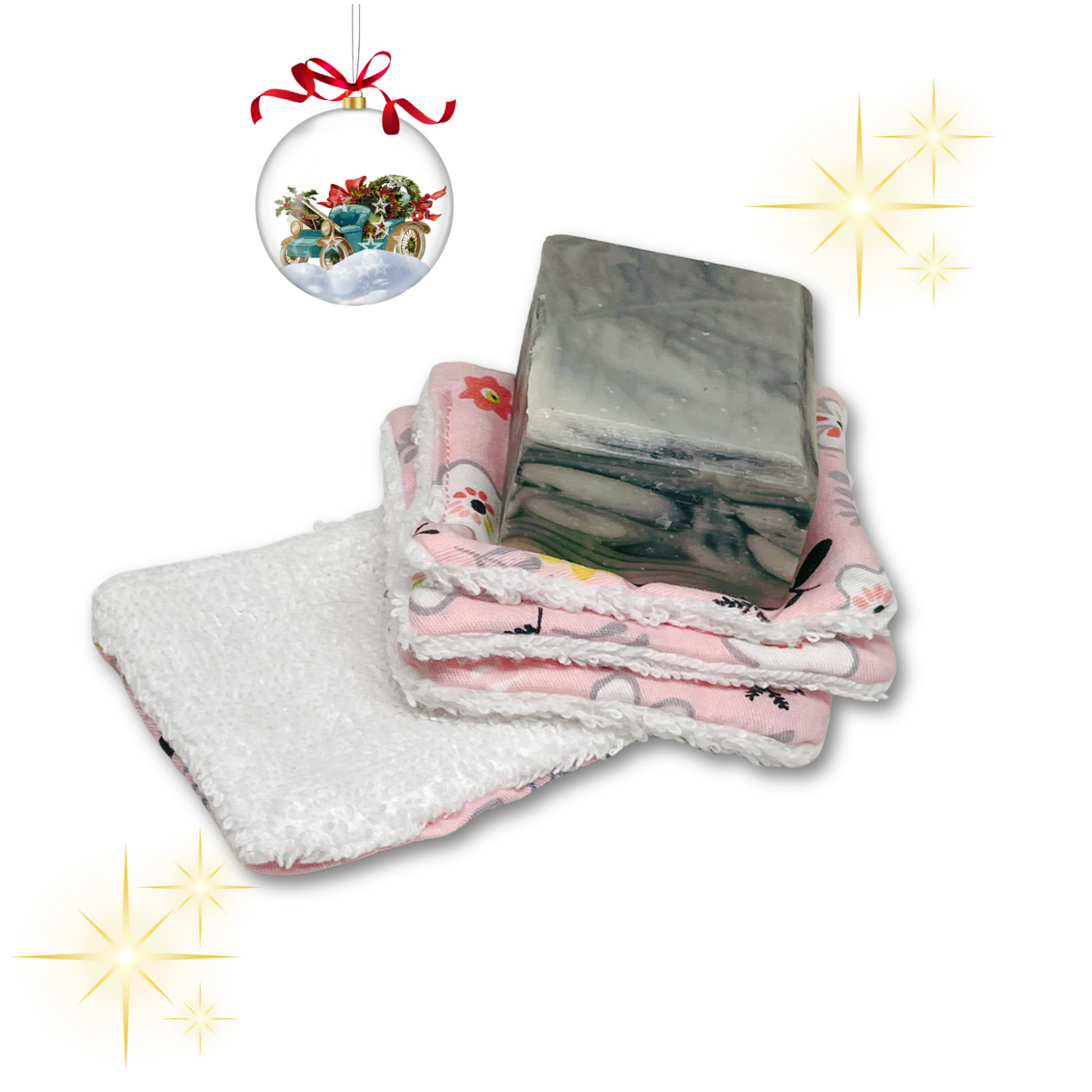 Rose fragrance mini soap with reusable cleaning pads.