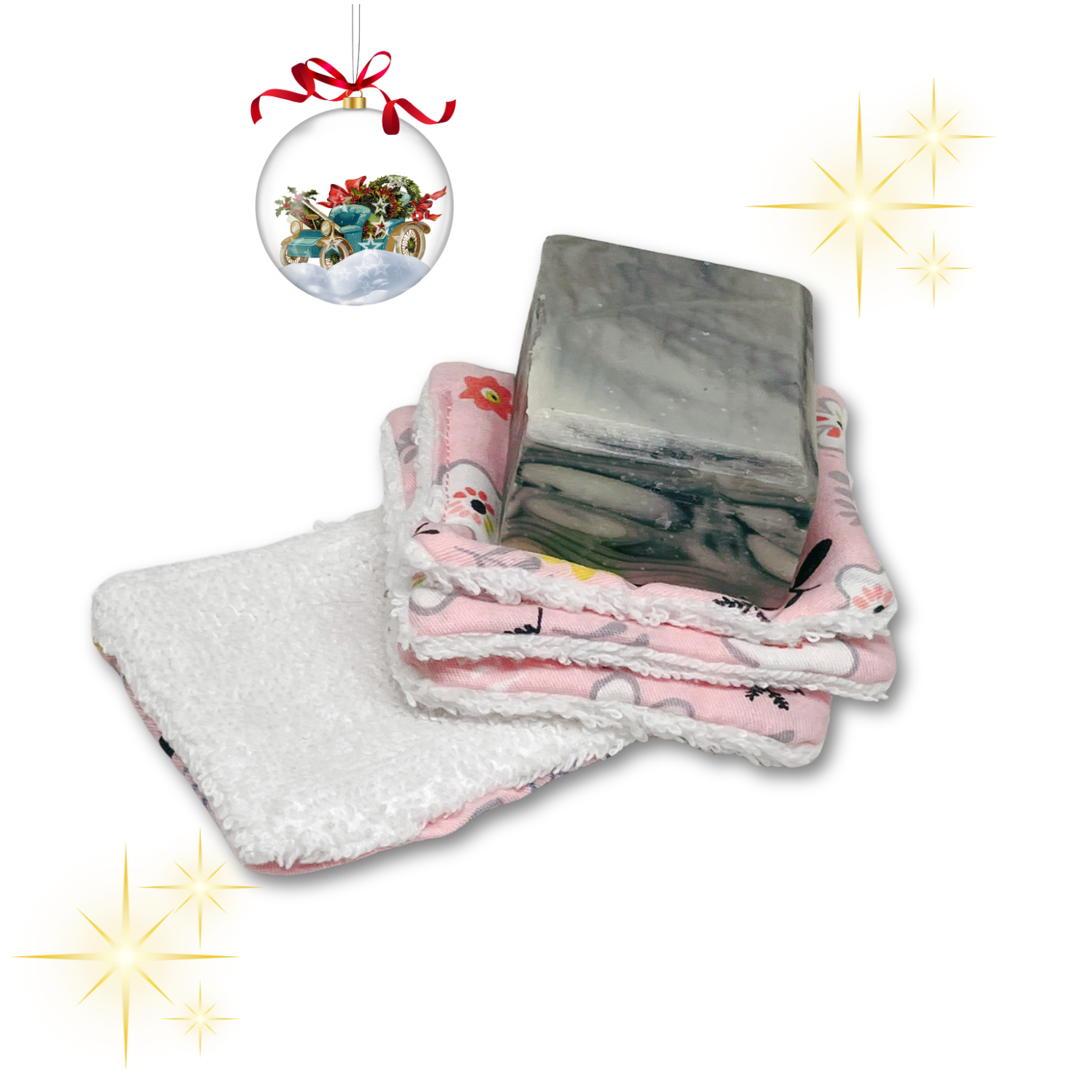 Rose fragrance mini soap with reusable cleaning pads.