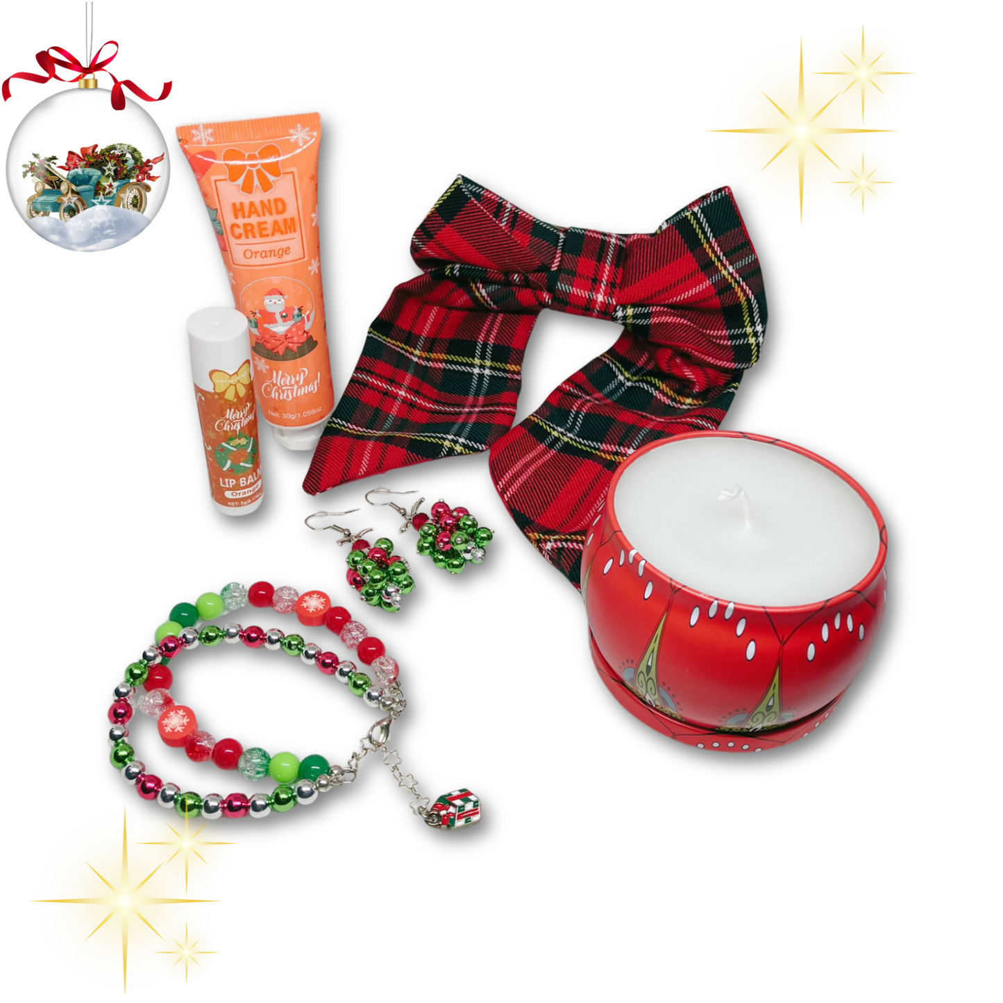 Gift set Christmas-themed products including a candle, hand cream, hair bow.
