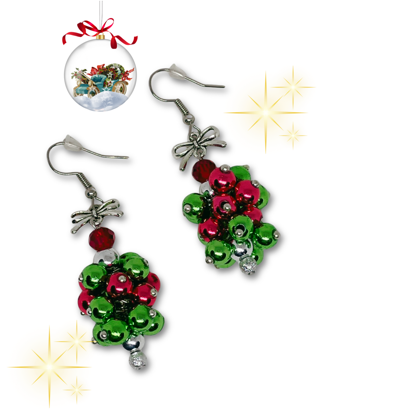 Christmas-themed earrings with red and green beads.