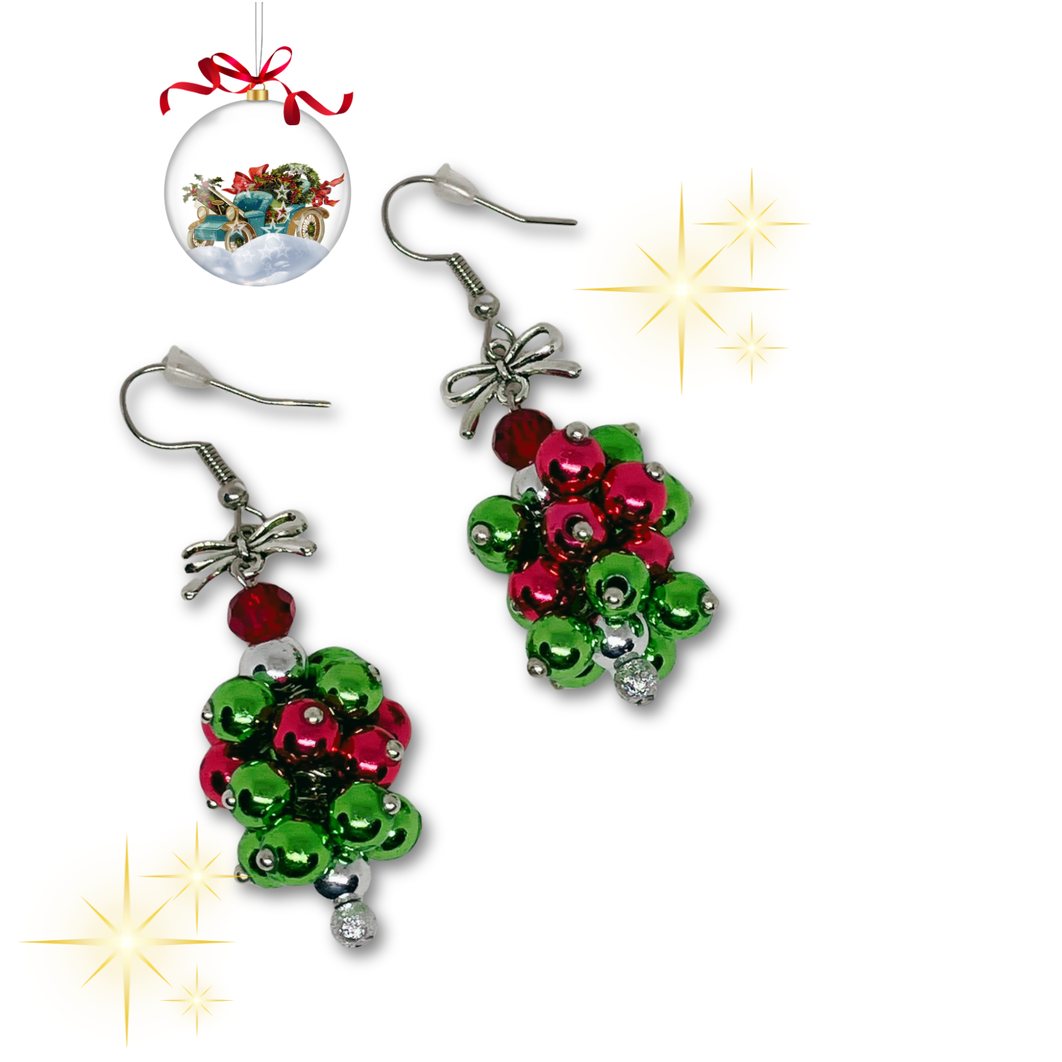 Christmas-themed earrings with red and green beads.