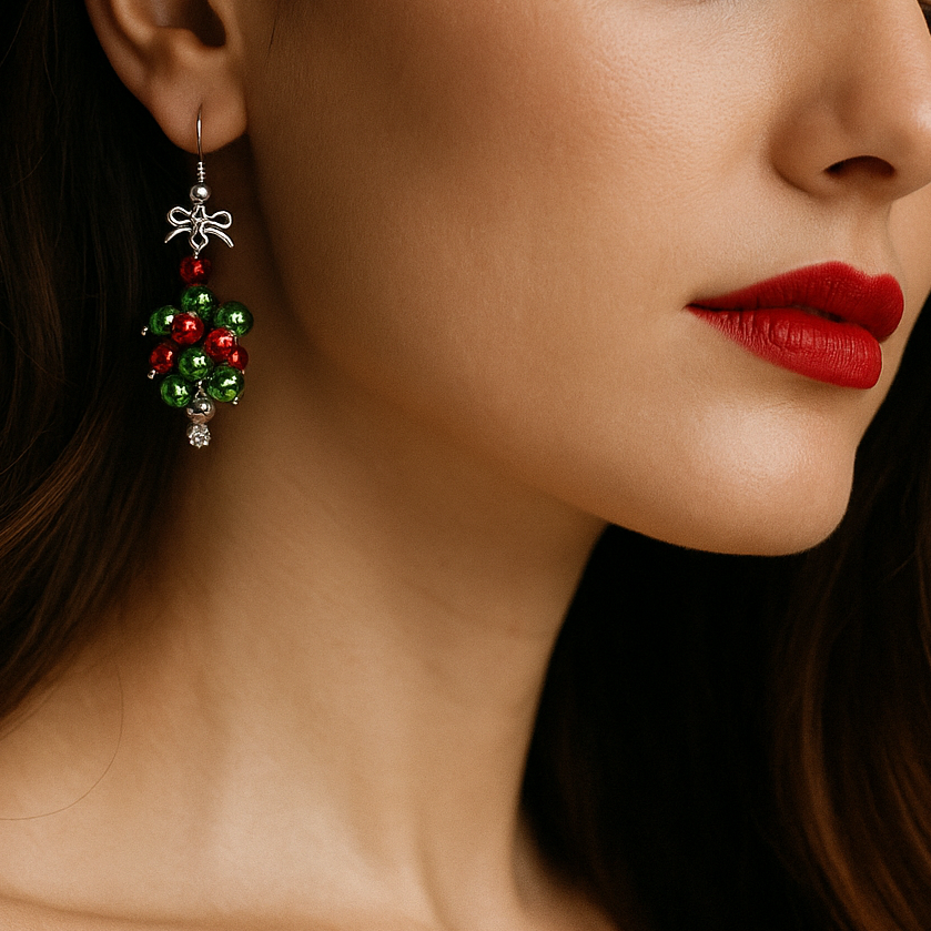 Christmas themed earrings with red and green beads.