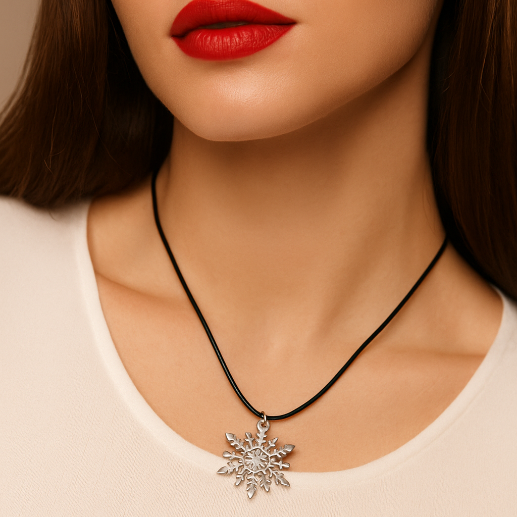 Black leather necklace with a snowflake pendant.