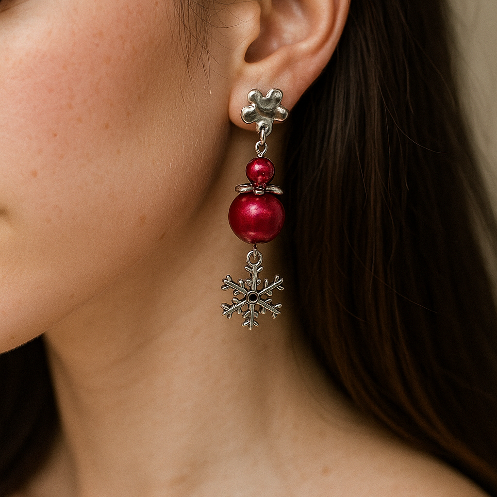 Christmas themed earrings, red bead with silver snowflake.
