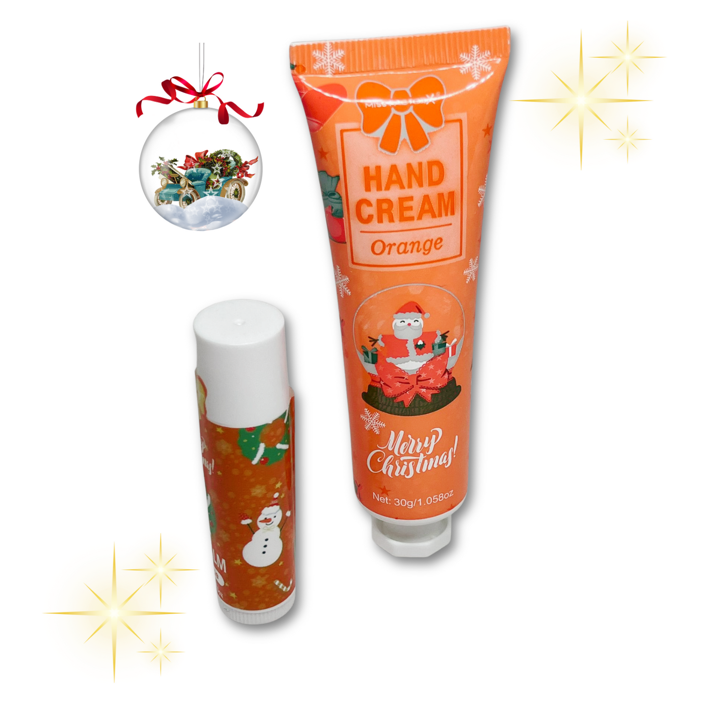 Hand cream and lip balm with Christmas-themed 