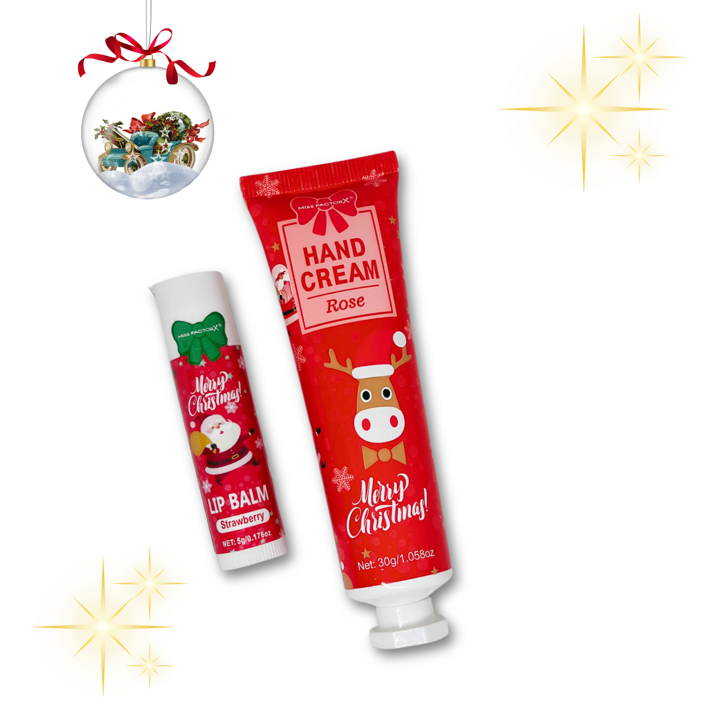 Christmas Themed Rose Hand Cream Strawberry Lip Balm.