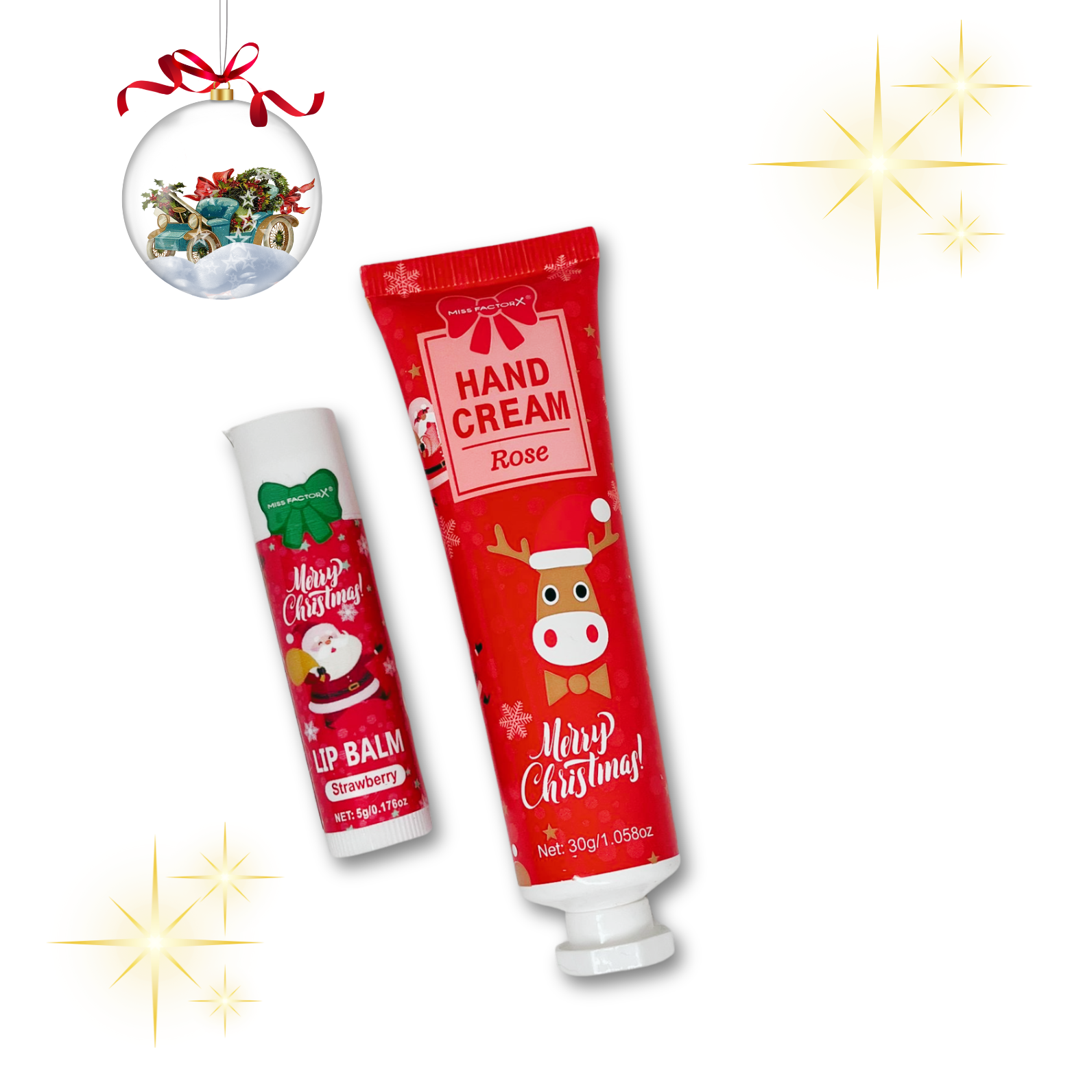 Christmas Themed Rose Hand Cream Strawberry Lip Balm.