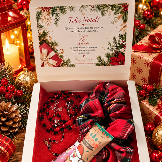 Christmas gift box set with jewelry, hand cream, lip balm and hair scrunchie.