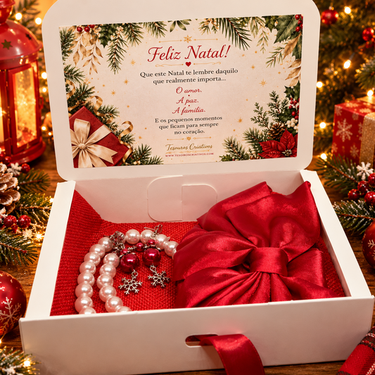 Christmas gift box with jewelry and red satin hair bow