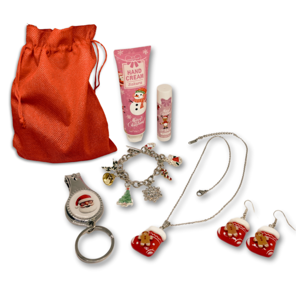 A Christmas gift set of hand cream, lip balm, necklace and matching earrings, charm bracelet, nail clipper. Packaged with a red gift bag.