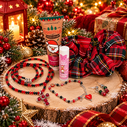 Christmas gift set with jewelry, hand cream, lip balm and hair scrunchie.