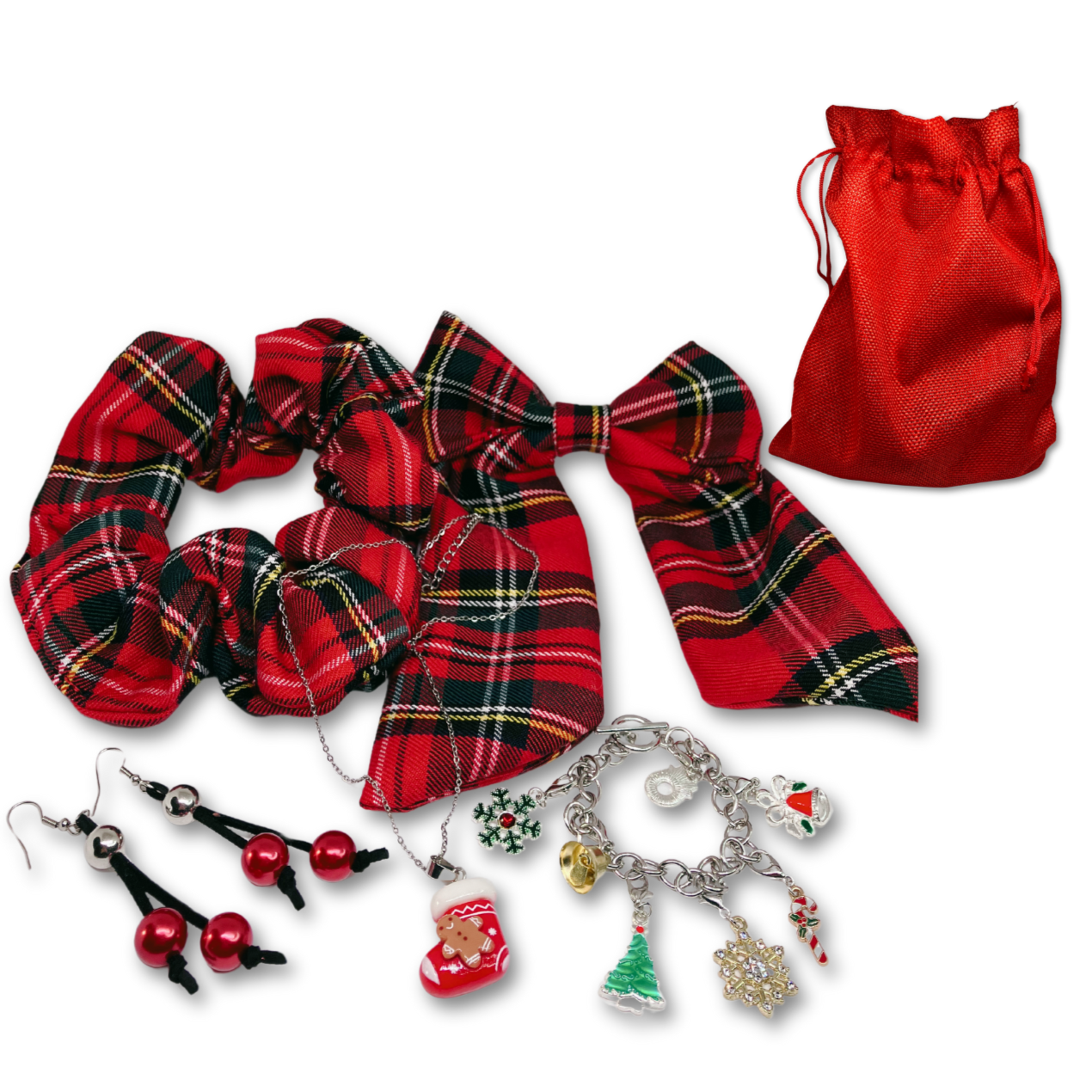 Christmas gift set of plaid red bow for hair and hair scrunchie, charm bracelet, with extra charms, necklace with extra pendant, Christmas-Themed earrings. Include red gift bag.