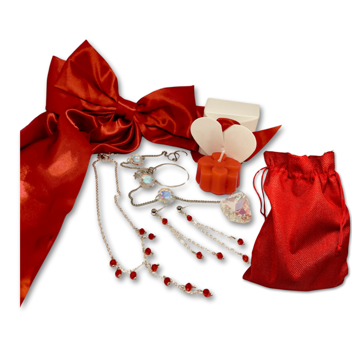 A Christmas gift of necklace, matching earrings, red candle, sun-catcher, satin red bow for hair. Packaged in a red gift bag. 