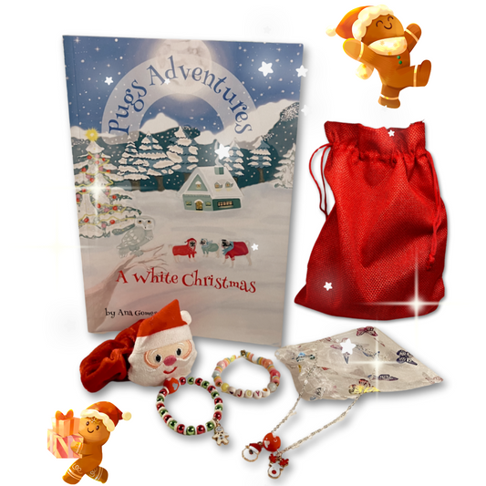 A Christmas gift for kids of a pugs story book, hair velvet scrunchie, necklace. Packaged in a red gift bag. 