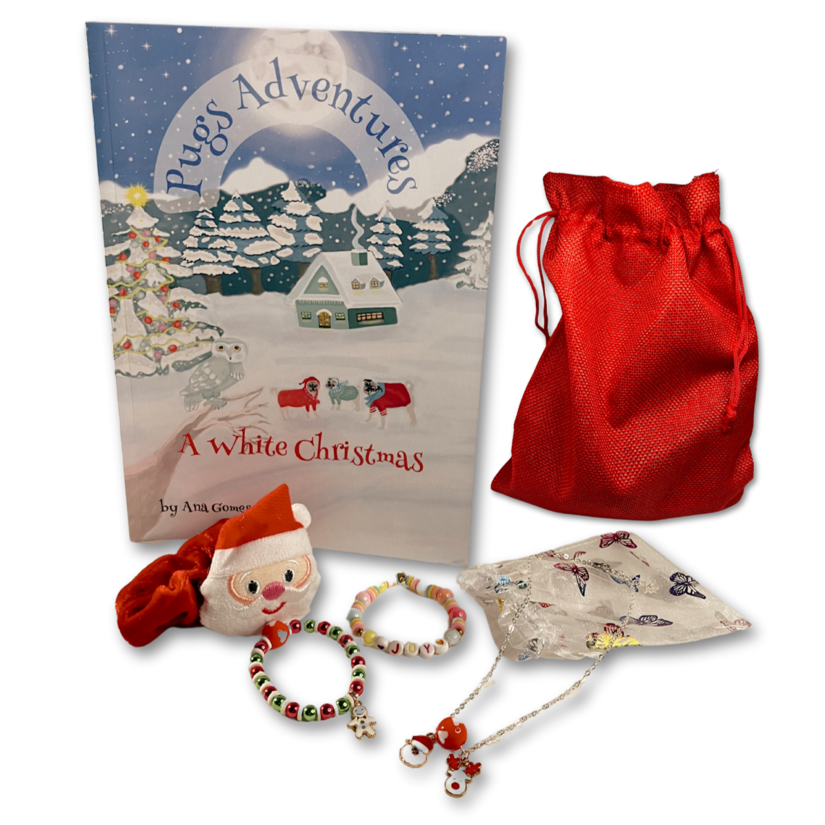 A Christmas gift for kids of a pugs story book, hair velvet scrunchie, necklace. Packaged in a red gift bag. 