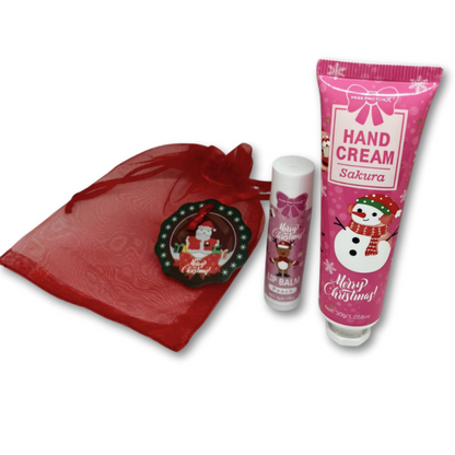 Christmas hand cream, lip balm and gift bag.